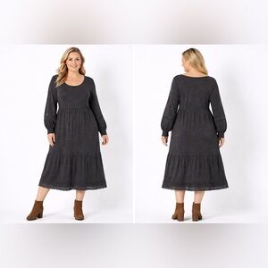 Canyon Retreat Washed Black Boho Midi Dress 1X | Tiered Hem Lace Trim